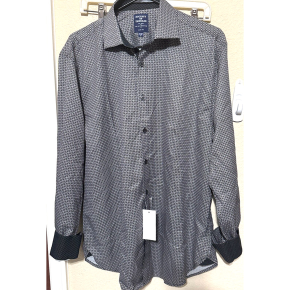 NWT Society of Threads Mens Shirt 4 way Stretch Slim Button Up Grey geo print M - Picture 1 of 6